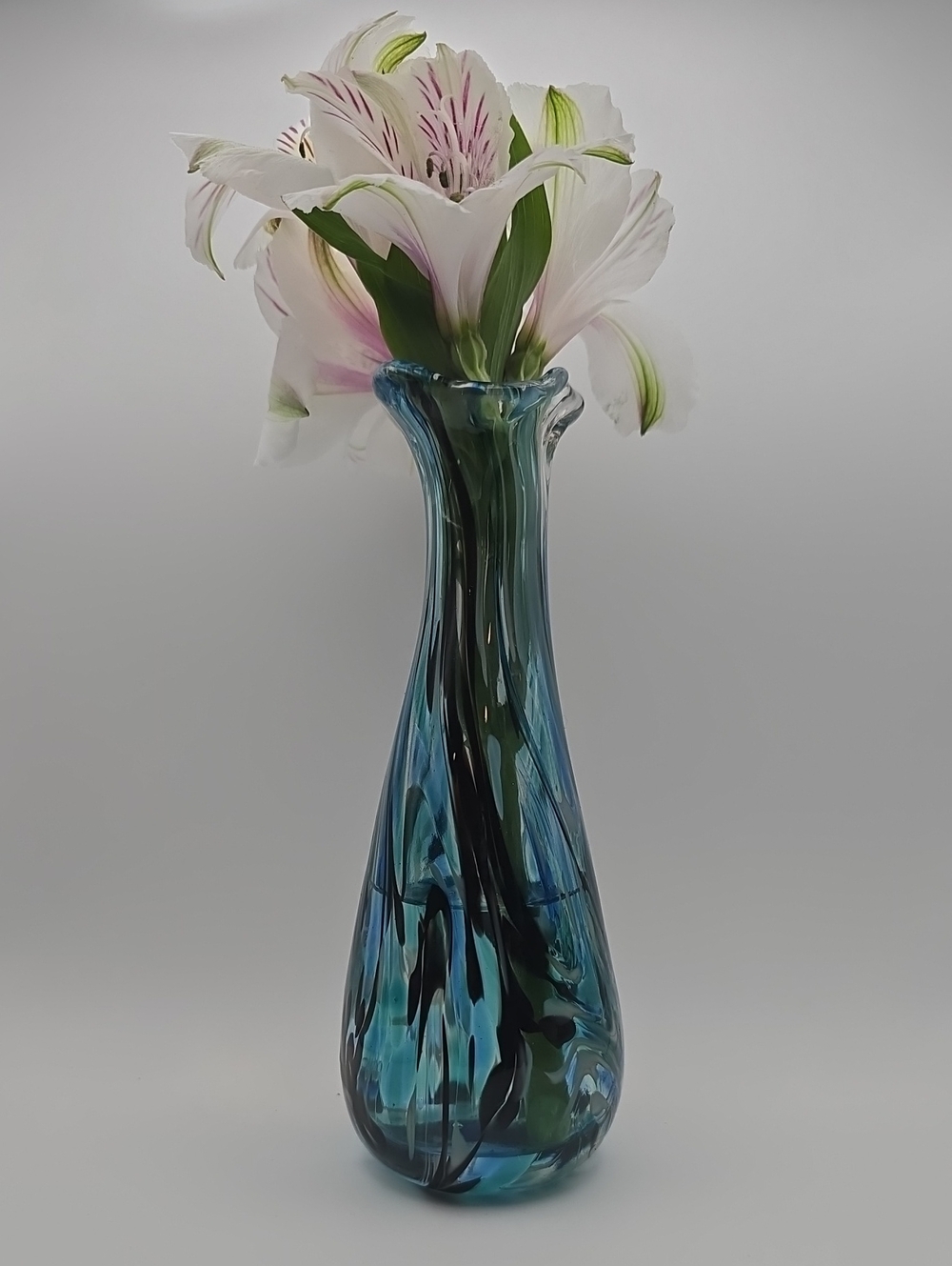 Handblown Thin Blue Art Glass Vase | Flower Rim Opening | Studio Glass